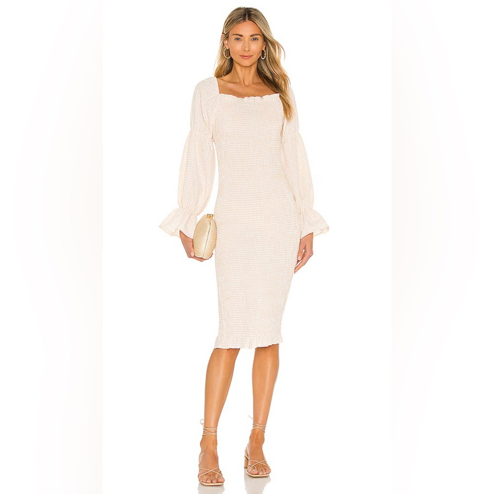 SNDYS Courtney Cream Gingham Smocked Midi Dress